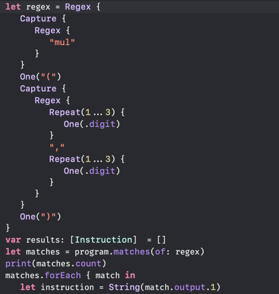 Swift RegexBuilder code snippet showing how to pick up the mul instructions with parameters from the day's puzzle input.