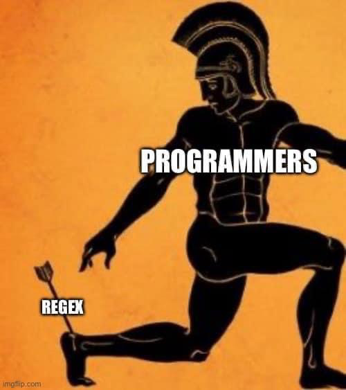 An illustration depicting a muscular figure reminiscent of a Greek warrior, labeled "PROGRAMMERS," with an arrow lodged in its leg labeled "REGEX." The style is simplistic and humorous, emphasizing the struggles programmers face with regular expressions.
